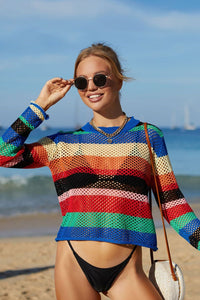 Thumbnail for Rainbow Stripe Openwork Long Sleeve Cover-Up - T - 1 COLOR -