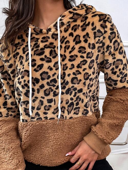 Leopard Drawstring Long Sleeve Hoodie - T - 1 COLOR -