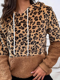 Thumbnail for Leopard Drawstring Long Sleeve Hoodie - T - 1 COLOR -