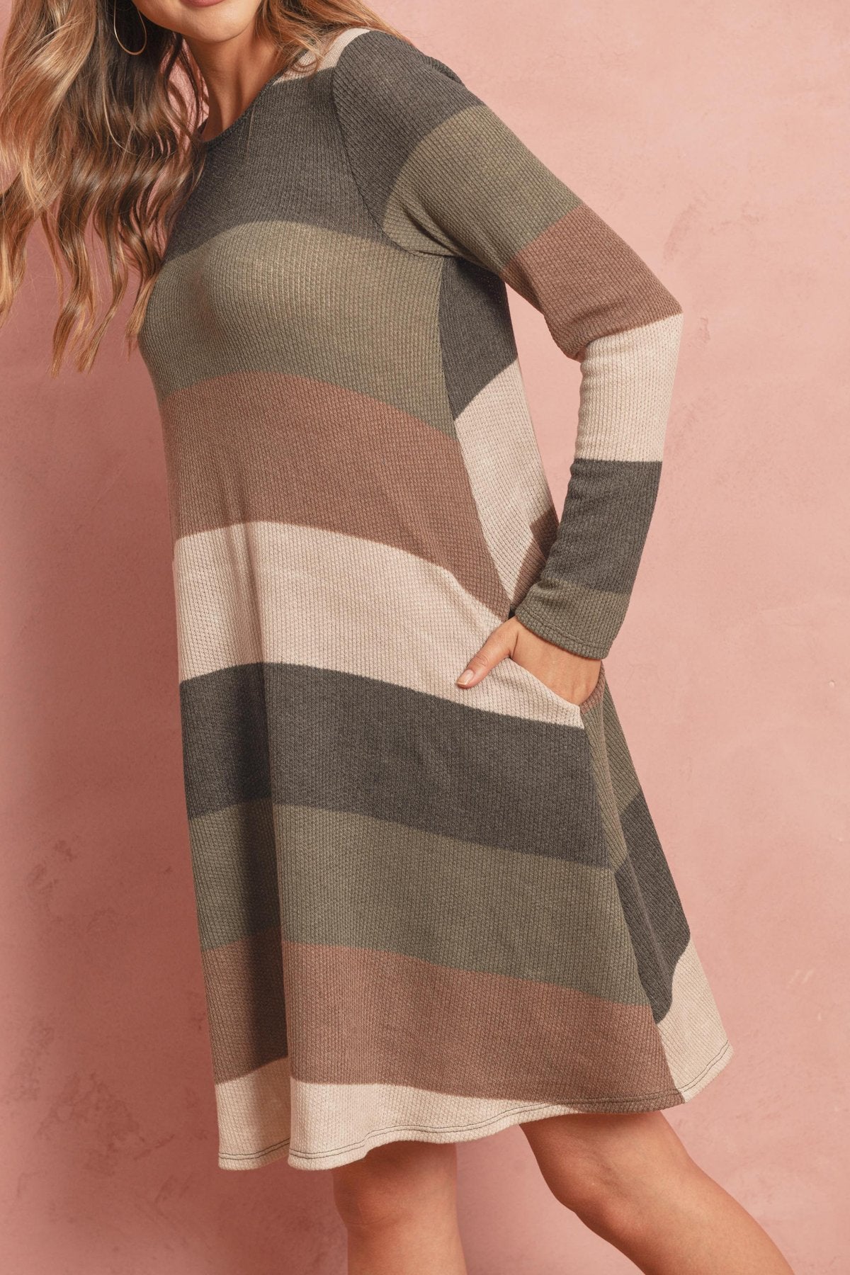 Riah Fashion - Long Sleeved Rib Stripe Pocket Dress - 3 COLORS -