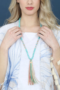 Thumbnail for Riah Fashion - Colorful Natural Stone Glass Beads Leather Tassel Necklace - 7 COLORS -