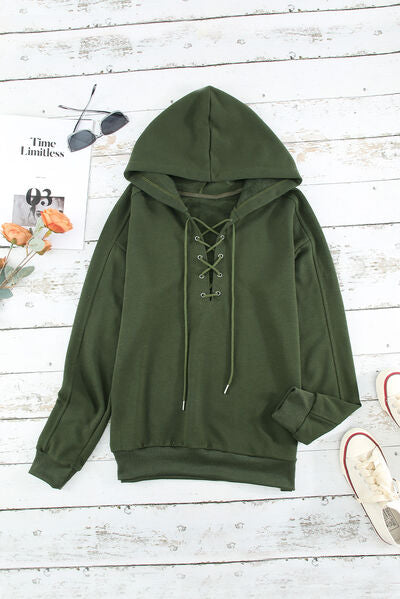 Lace-Up Dropped Shoulder Hoodie - T - 8 COLORS -