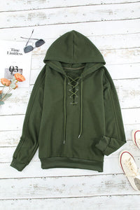 Thumbnail for Lace-Up Dropped Shoulder Hoodie - T - 8 COLORS -