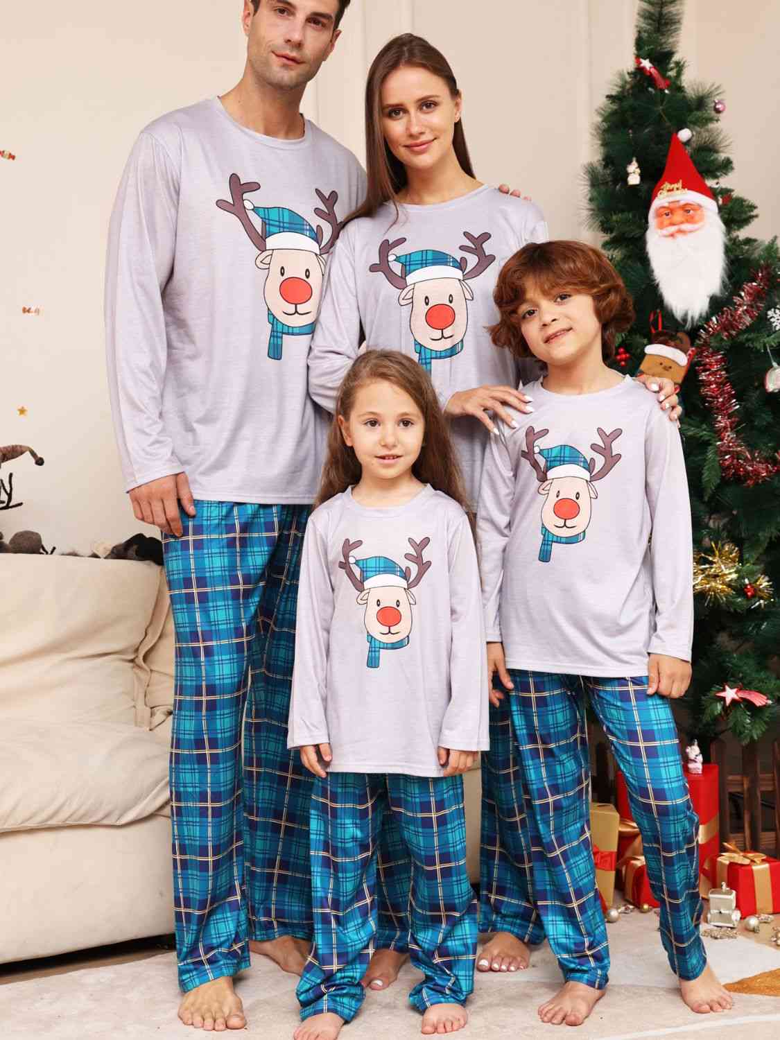 WOMEN Full Size Rudolph Graphic Long Sleeve Top and Plaid Pants Set - T -