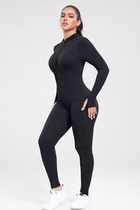 Thumbnail for Zip Up Ribbed Long Sleeve Skinny Active Jumpsuit - T - 2 COLORS -