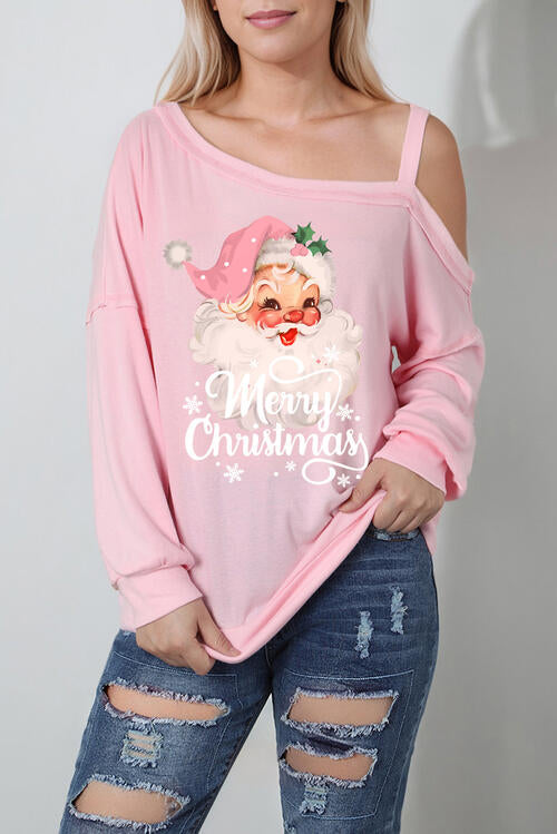 MERRY CHRISTMAS Graphic Asymmetrical Neck Top - T - 1 COLOR -