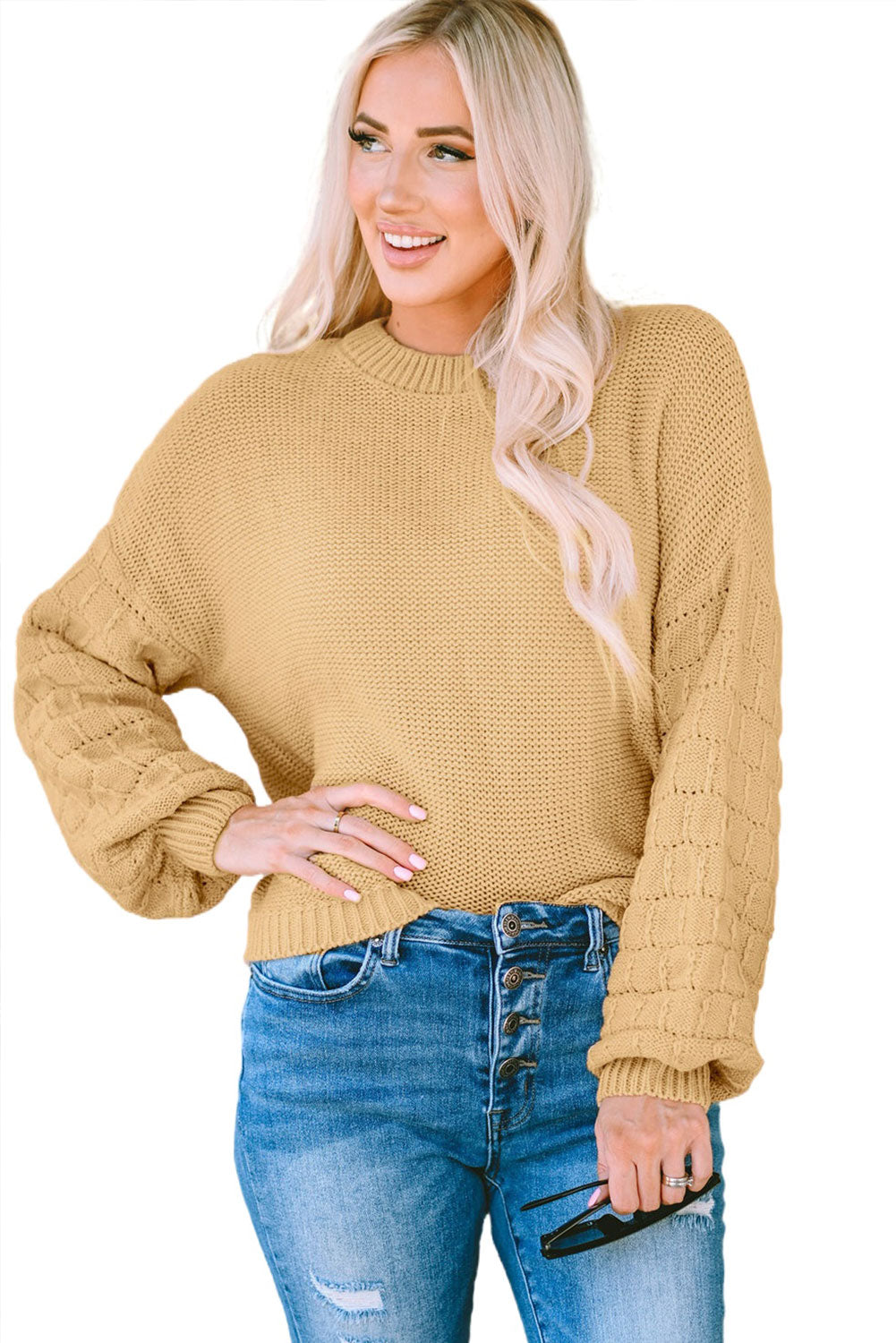 Threaded Pear - Jayla Hollowed Bubble Sleeve Knit Sweater - 2 COLORS -