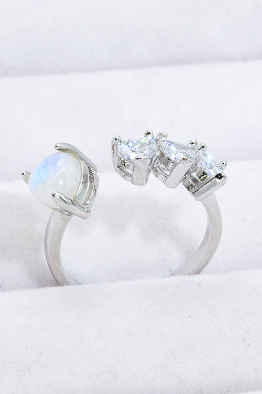 Natural Moonstone and Zircon Heart Open Ring - T - 1 SIZE FIT - 2 FINISHES -