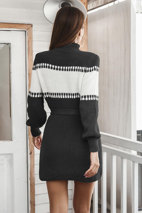 Contrast Tie Front Long Sleeve Sweater Dress - T - 3 COLORS -