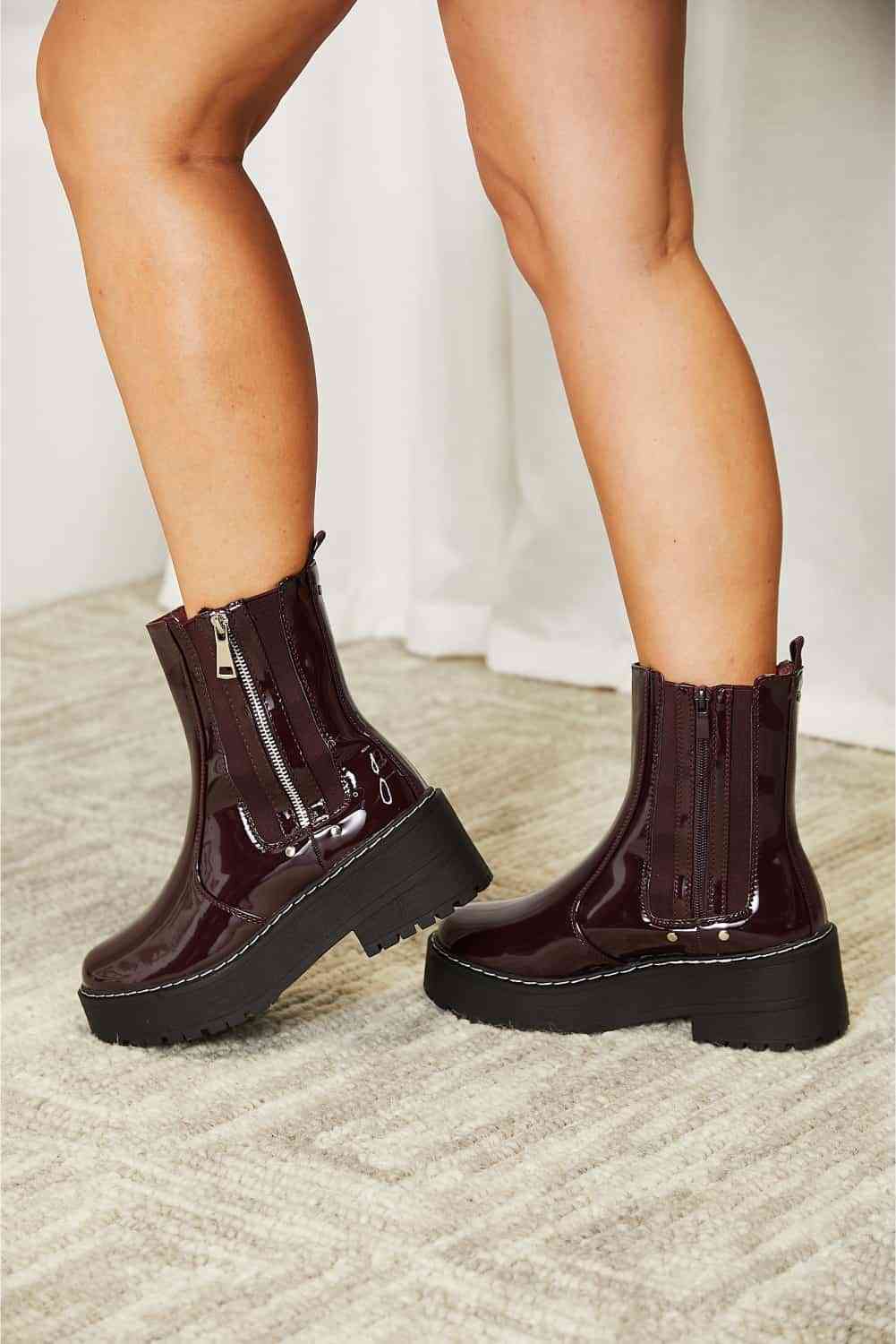 Faux Patent Leather Forever Link Side Zip Platform Boots - T - 1 COLOR -