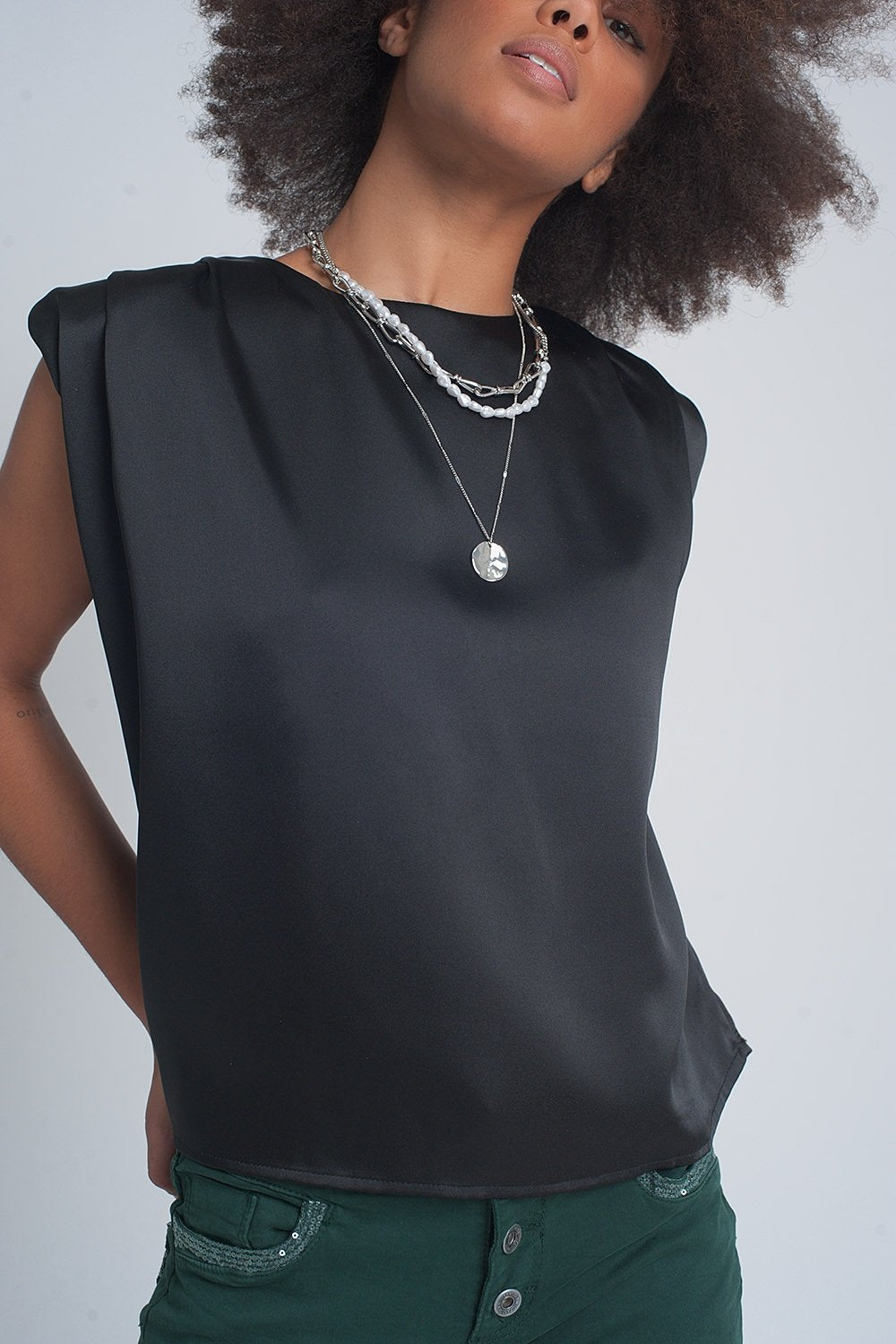 Q2 - Gathered Satin Shoulder Pad Sleeveless Top in Black - 1 COLOR -