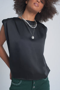 Thumbnail for Q2 - Gathered Satin Shoulder Pad Sleeveless Top in Black - 1 COLOR -