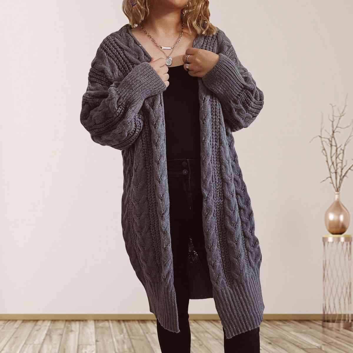 Cable-Knit Open Front Dropped Shoulder Cardigan - T - 6 COLORS -