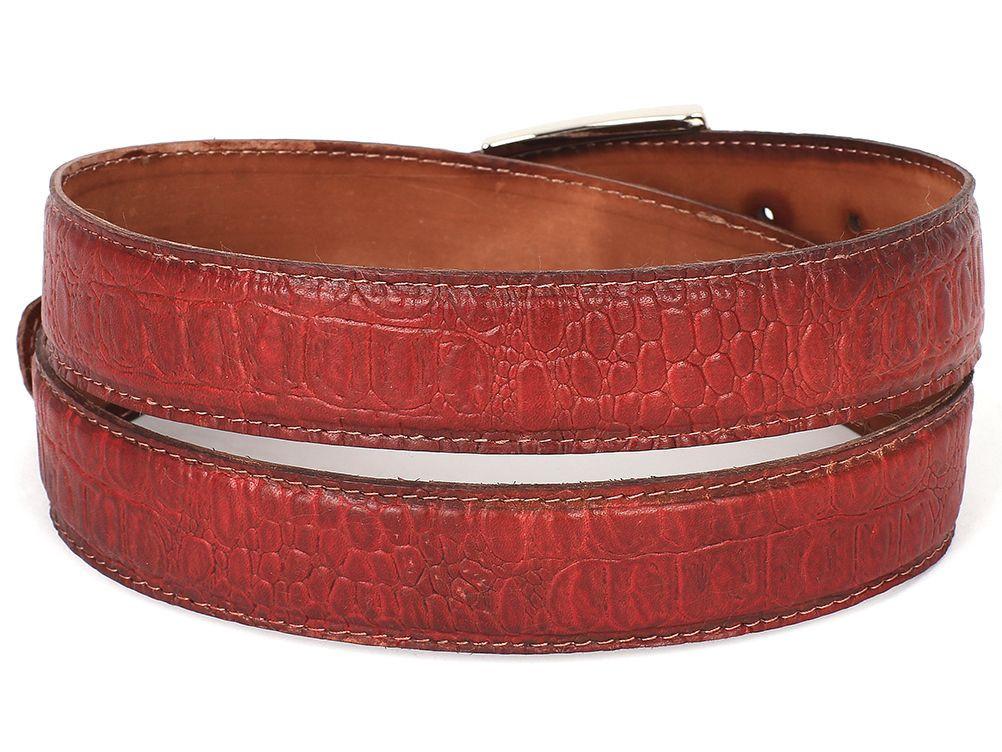 PAUL PARKMAN - Men's Croc Embossed Calfskin Belt Reddish -