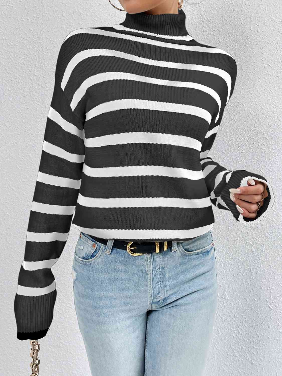 Striped Turtleneck Drop Shoulder Sweater - T - 3 COLORS -