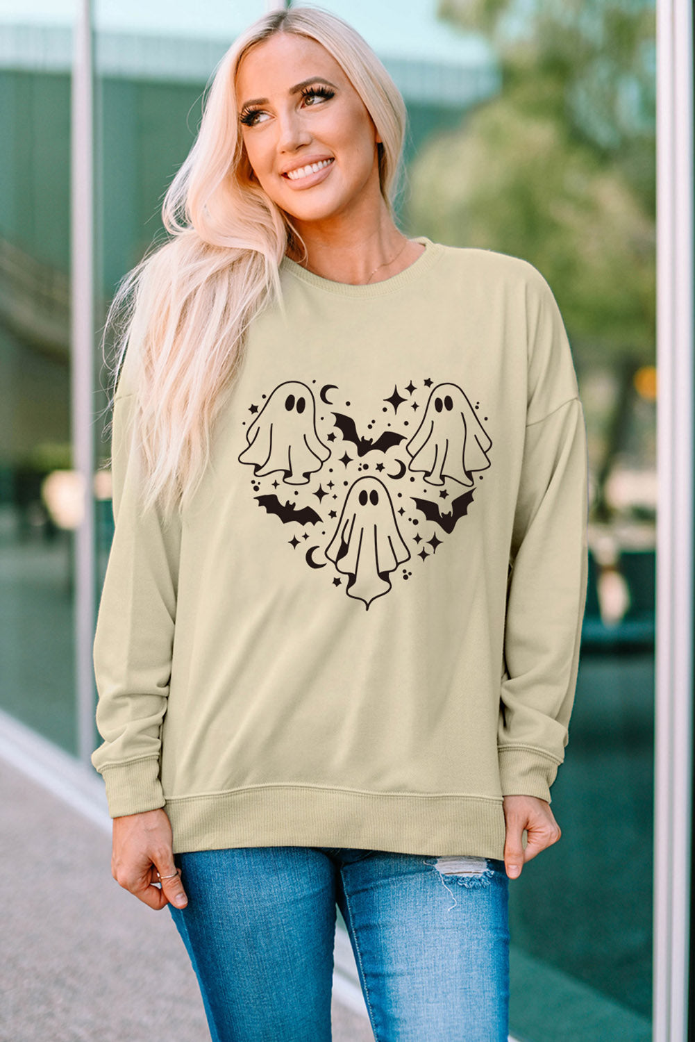 Round Neck Dropped Shoulder Ghost Graphic Sweatshirt - T - 1 COLOR -