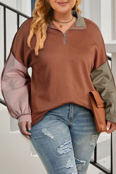 Plus Size Exposed Seam Color Block Quarter Zip Sweatshirt - SIZES 1X THRU 3X - T - 1 COLOR -Z