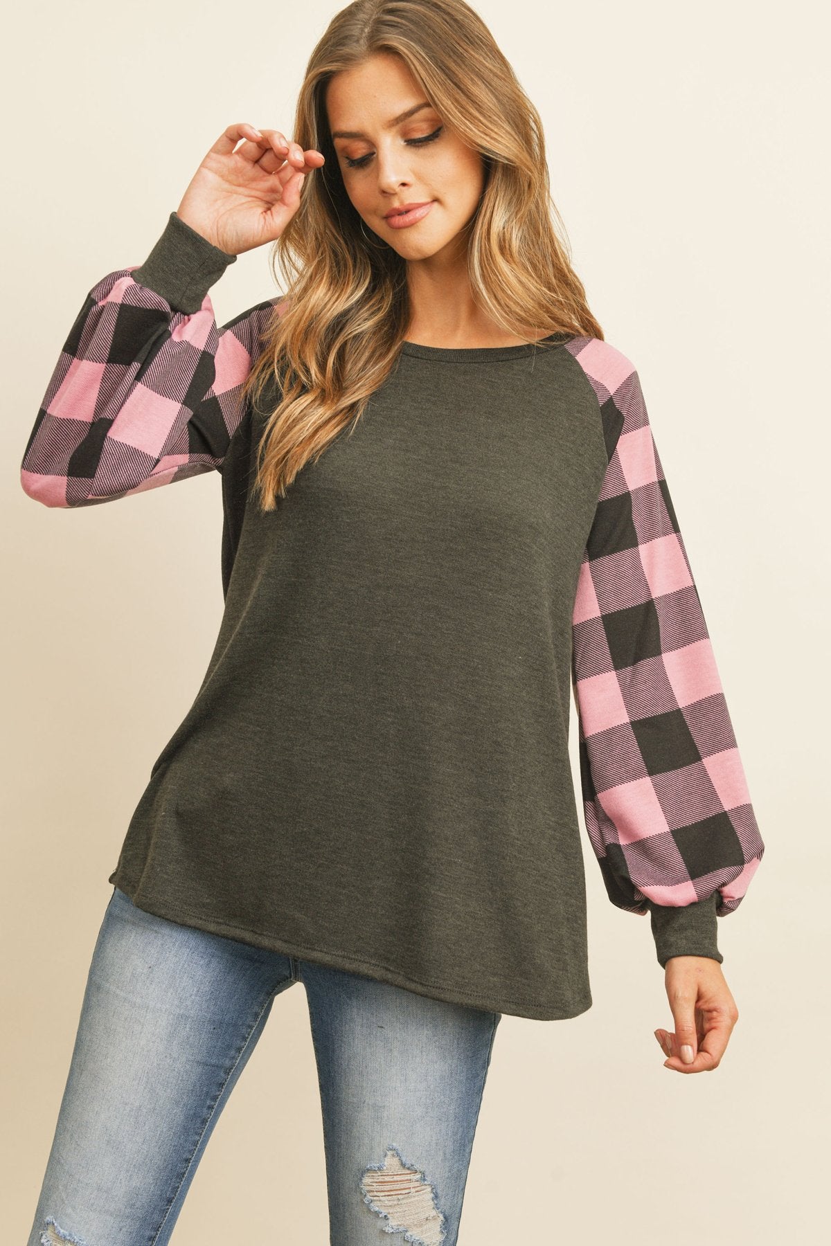 Riah Fashion - Plaid Puff Sleeved Round Neck Top - 3 COLORS -