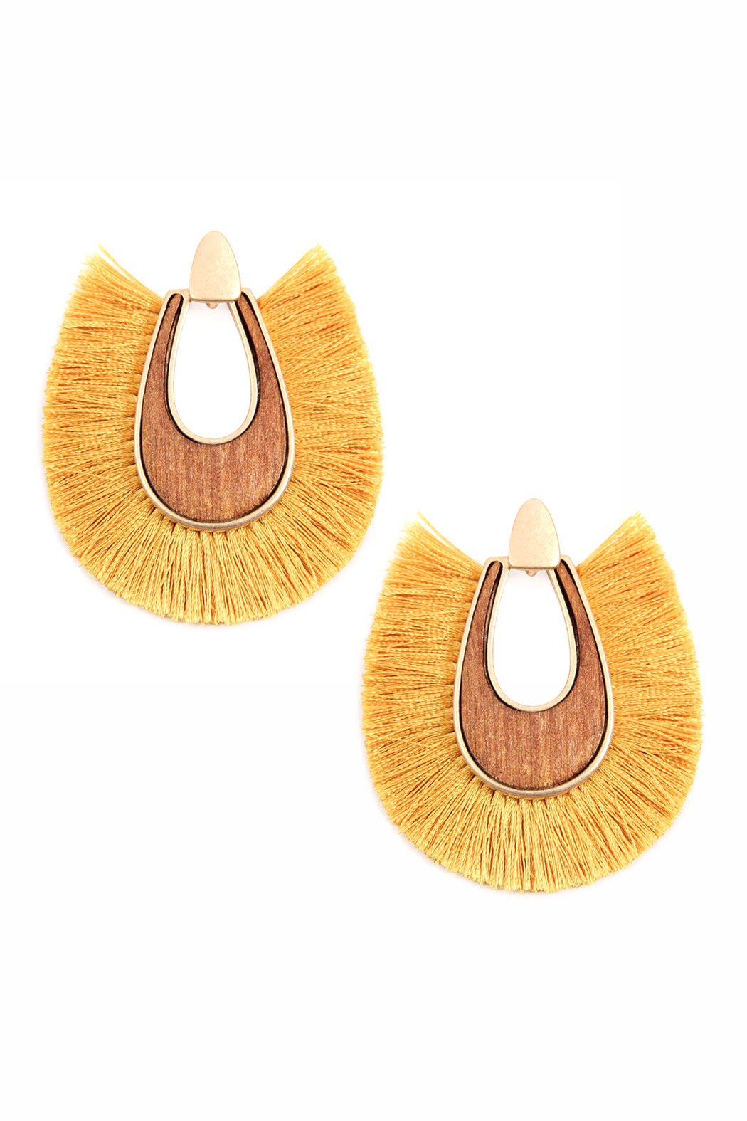 Wood With Thread Tassel Post Earrings - 11 COLORS -