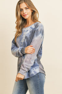 Thumbnail for Riah Fashion - Long Sleeve Boat Neck Tie Dye Round Hem Top - 3 COLORS -