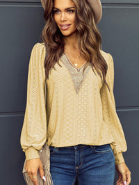 Thumbnail for Eyelet V-Neck Long Sleeve Blouse - T - 7 COLORS -