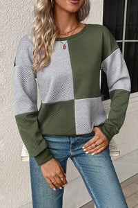 Thumbnail for Textured Color Block Round Neck Sweatshirt - T - 4 COLORS -