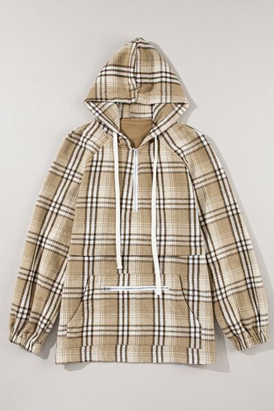 Drawstring Plaid Half Zip Raglan Sleeve Hoodie - T - 1 COLOR -