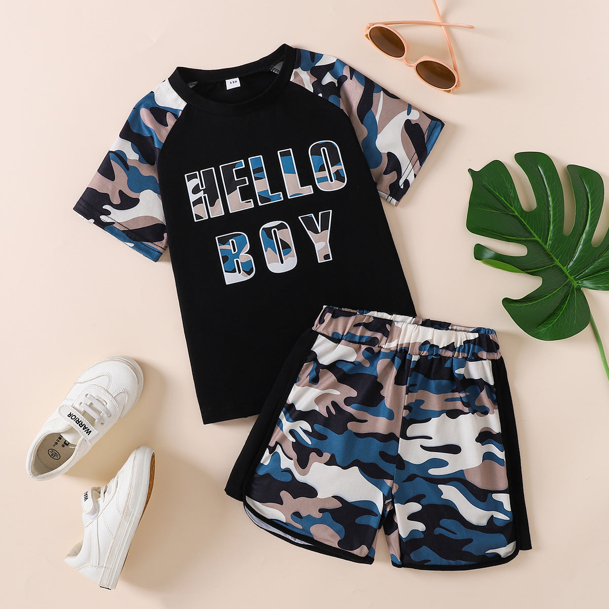 HELLO BOY Graphic Tee and Camouflage Shorts Set - 2 PCS. - T - 1 COLOR -