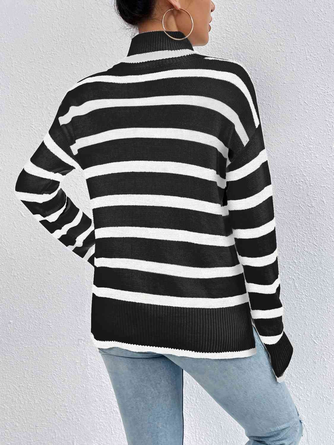 Striped Turtleneck Drop Shoulder Sweater - T - 3 COLORS -