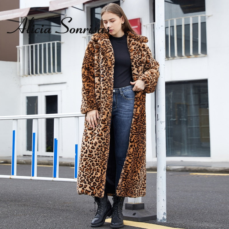 Sharon Tatem - Faux Fur - Leopard Print - Rabbit Tailored Collar - Warm Thick X-Long Coat Long Sleeve Jacket -