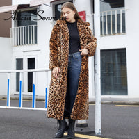 Thumbnail for Sharon Tatem - Faux Fur - Leopard Print - Rabbit Tailored Collar - Warm Thick X-Long Coat Long Sleeve Jacket -