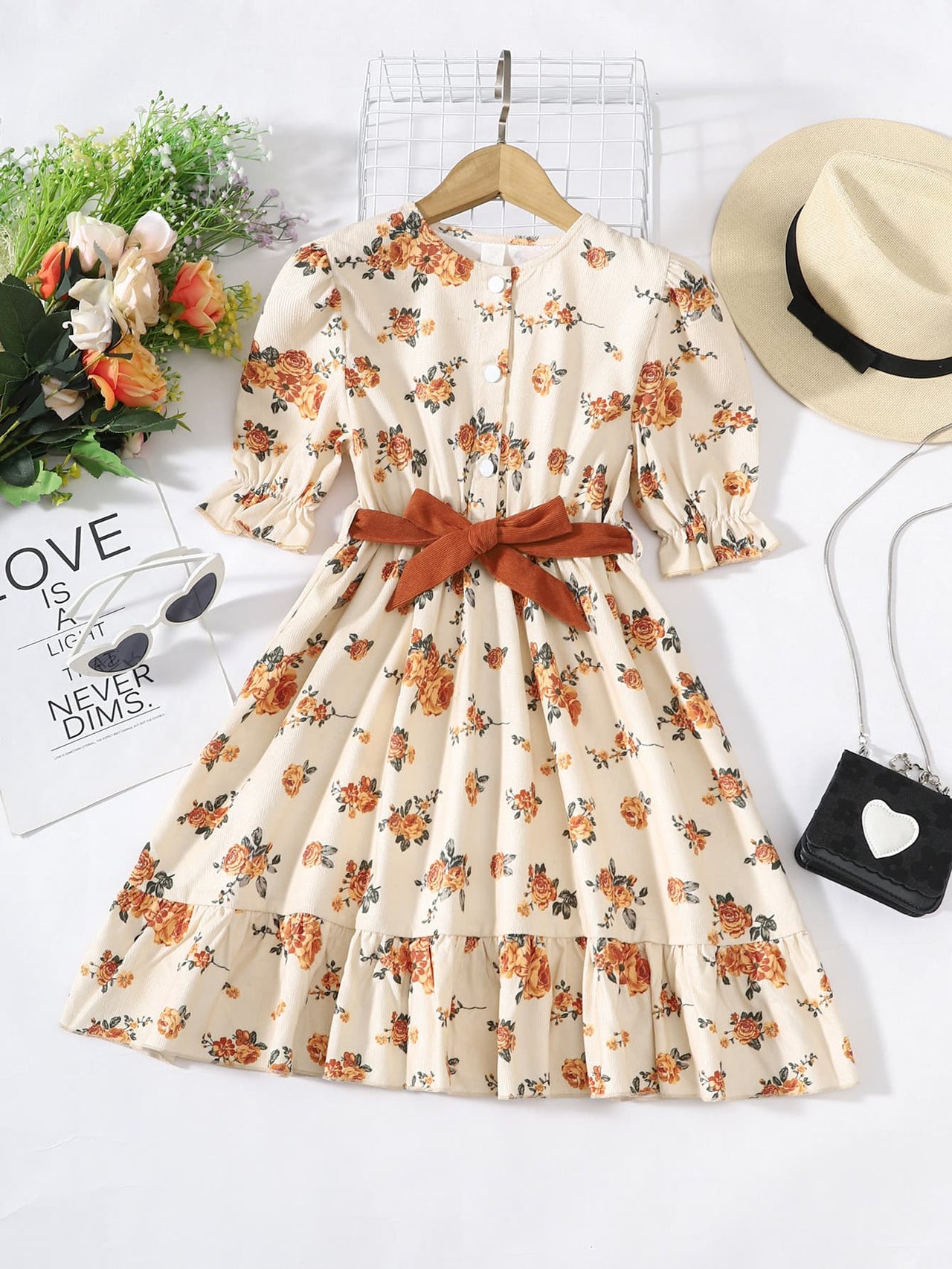 Girls Floral Tied Puff Sleeve Dress - T - 3 SIZES - 1 COLOR -