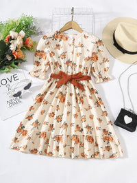 Thumbnail for Girls Floral Tied Puff Sleeve Dress - T - 3 SIZES - 1 COLOR -