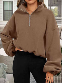 Thumbnail for Half-Zip Collared Drop Shoulder Sweatshirt