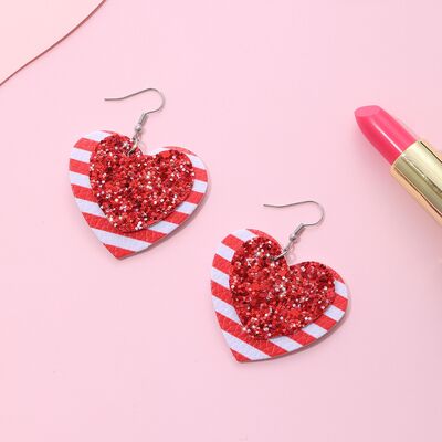 Faux Leather Iron Hook Sequin Heart Earrings - T - 1 COLOR -