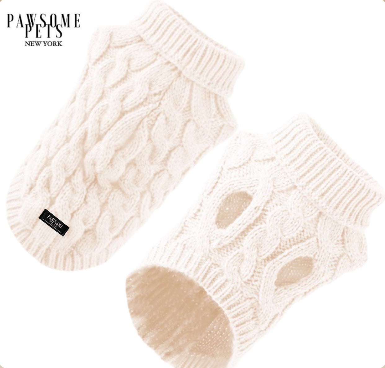 (Extra Warm) Dog and Cat Cable Knit Sweater - White -