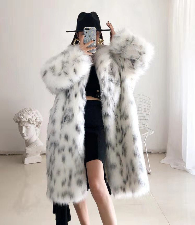 Sharon Tatem - Faux Fox Fur Coat - Casual Snow Leopard Print Fur Jacket - Thick Warm Mid-Long Plush Outer -