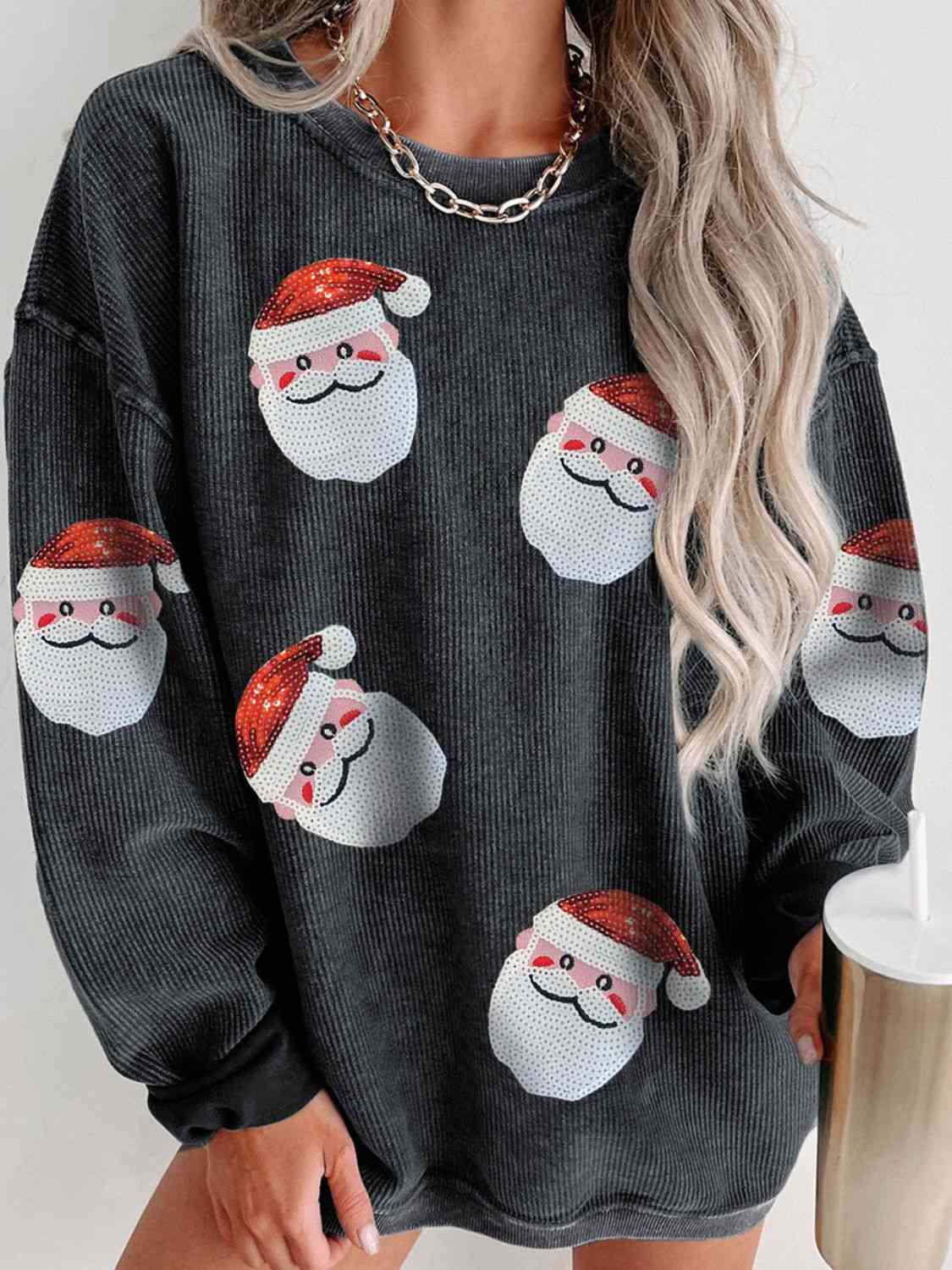 Sequin Santa Patch Ribbed Sweatshirt - T - 2 COLORS -