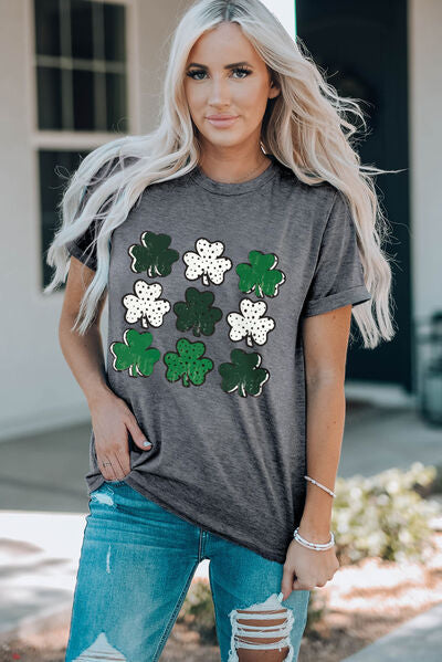 Lucky Clover Round Neck Short Sleeve T-Shirt - T - 1 COLOR -