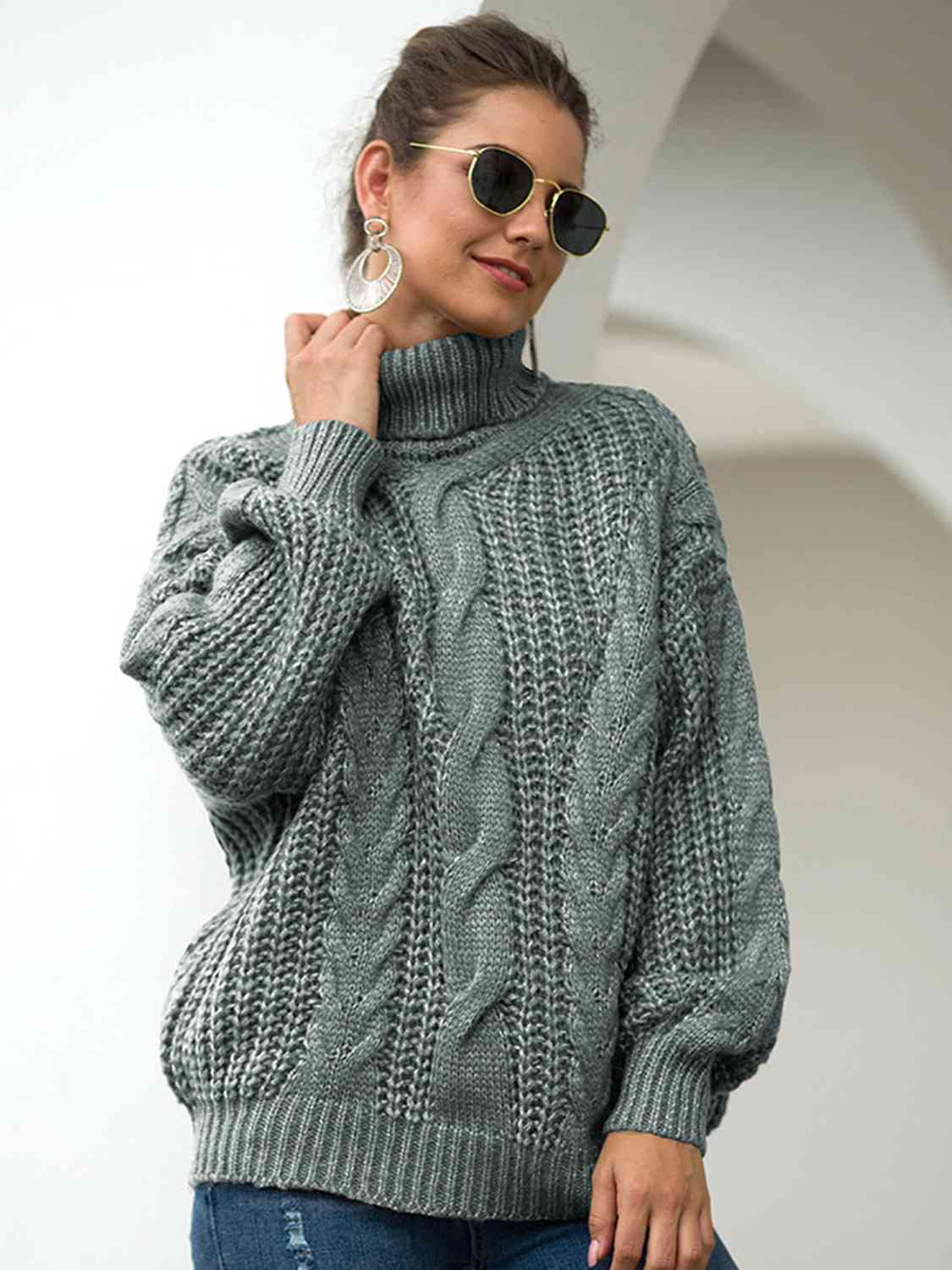 Turtleneck Cable-Knit Dropped Shoulder Sweater - T - 5 COLORS -