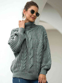 Thumbnail for Turtleneck Cable-Knit Dropped Shoulder Sweater - T - 5 COLORS -