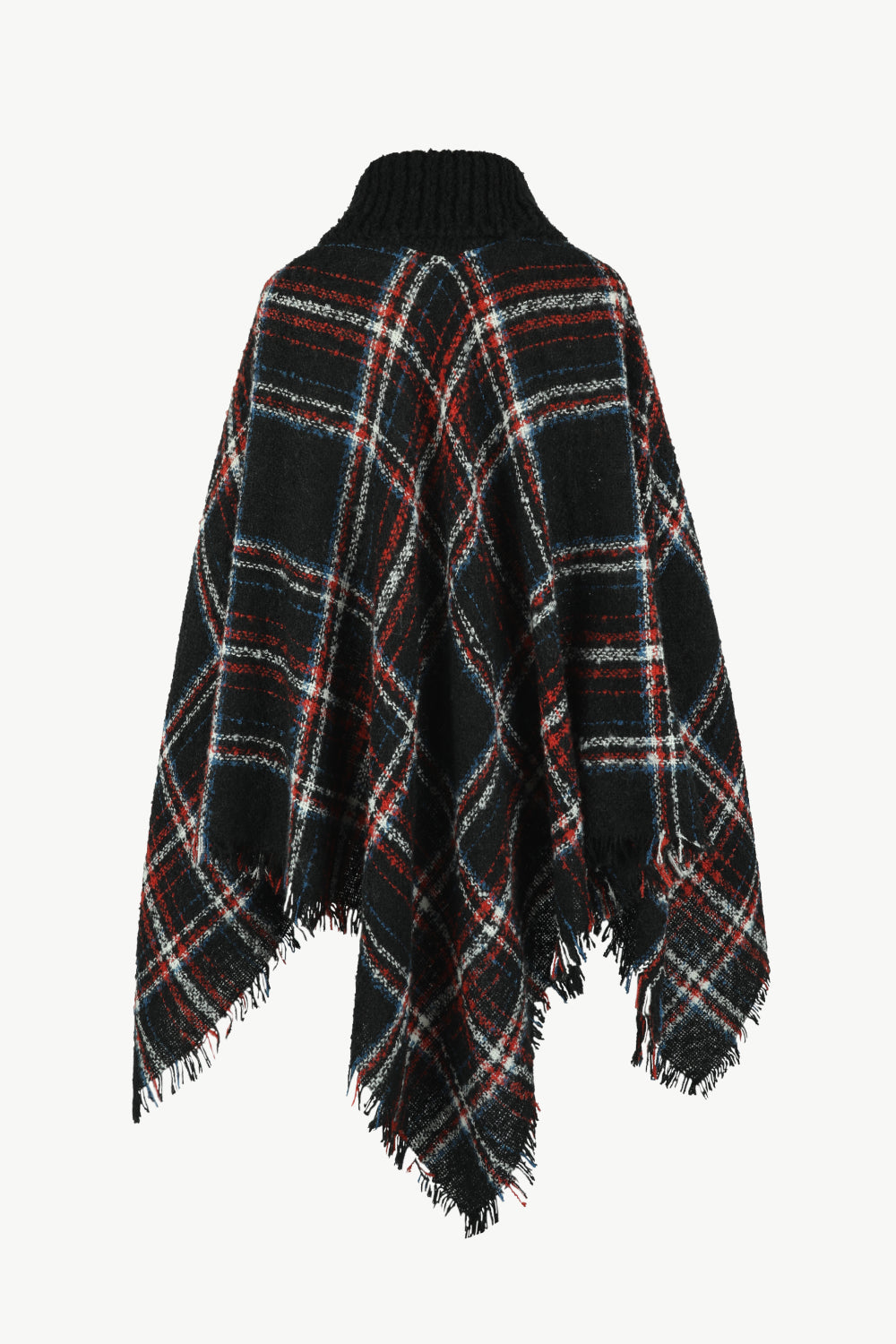 Plaid Turtleneck Fringe Hem Poncho - T - 6 COLORS -