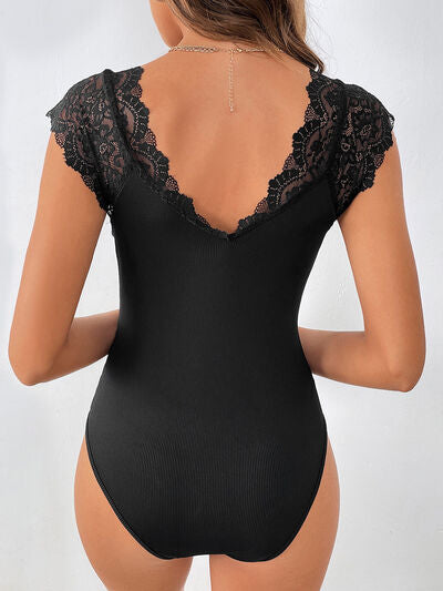 Lace Detail V-Neck Sleeveless Bodysuit - T - 1 COLOR -