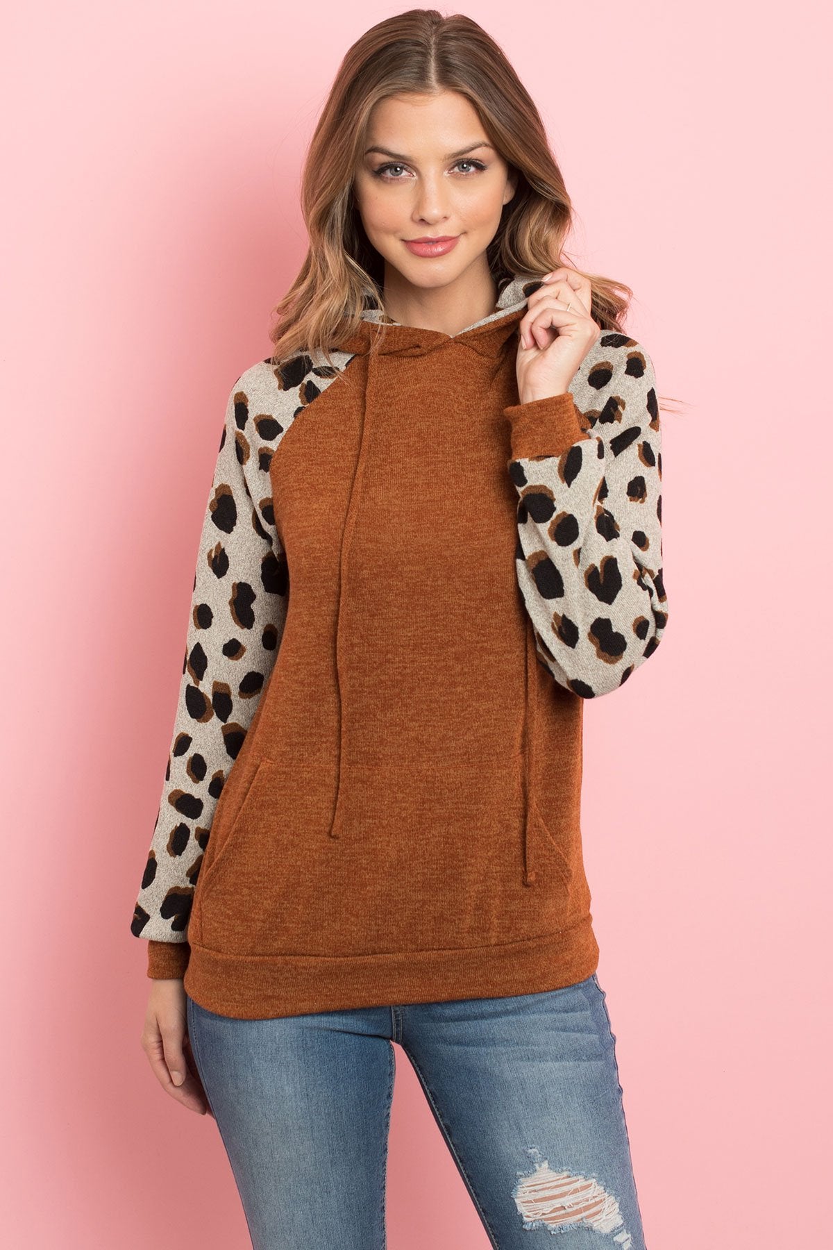 Riah Fashion - Self Tie Leopard Contrast Kangaroo Pocket Hoodie - 2 COLORS -