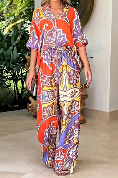 Printed Half Sleeve Shirt and Wide Leg Pants Set - Beach or Everday - 2 PCS. - T - 1 COLOR -