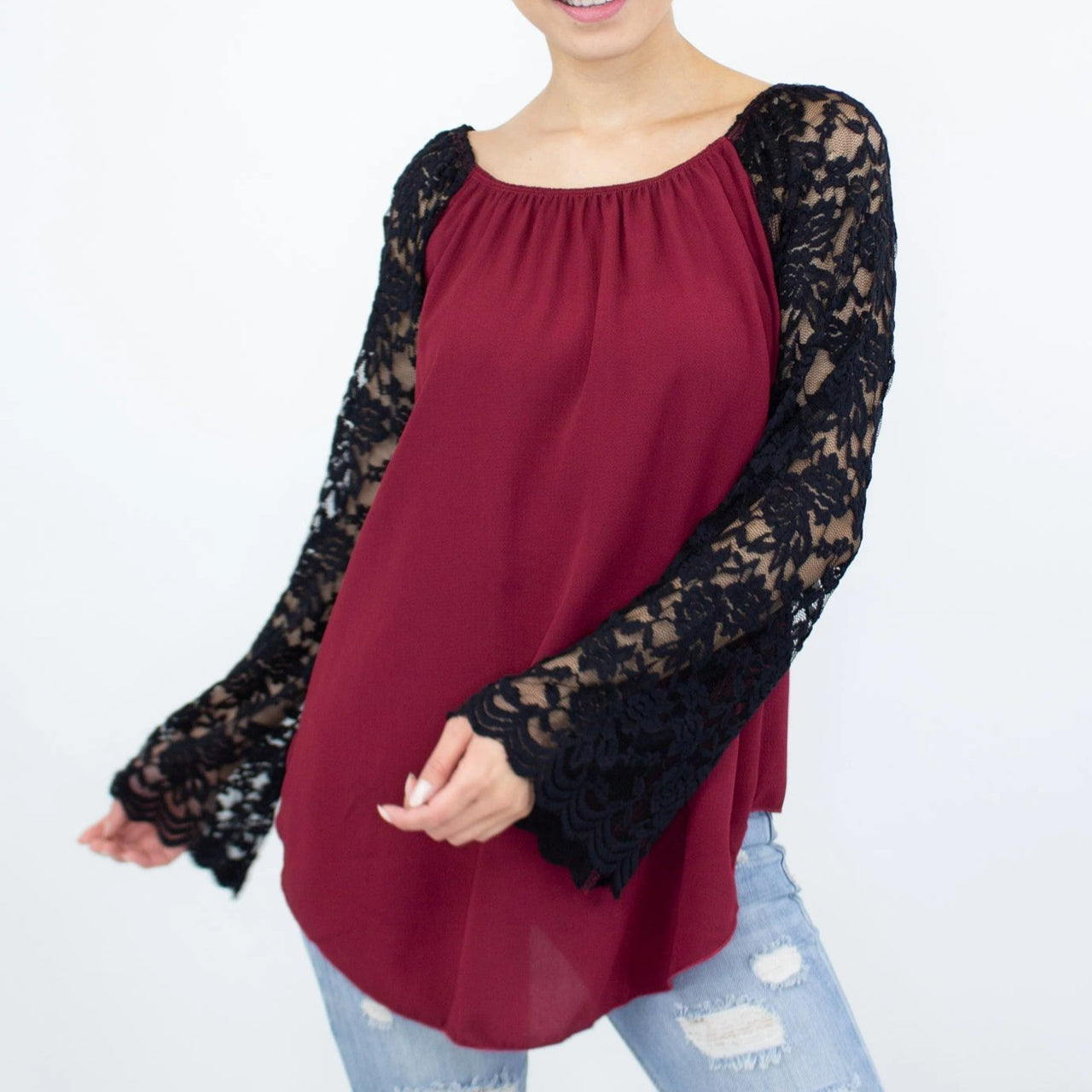 Stylespect - Lace Sleeve Backless Top - Burgundy - 1 COLOR -