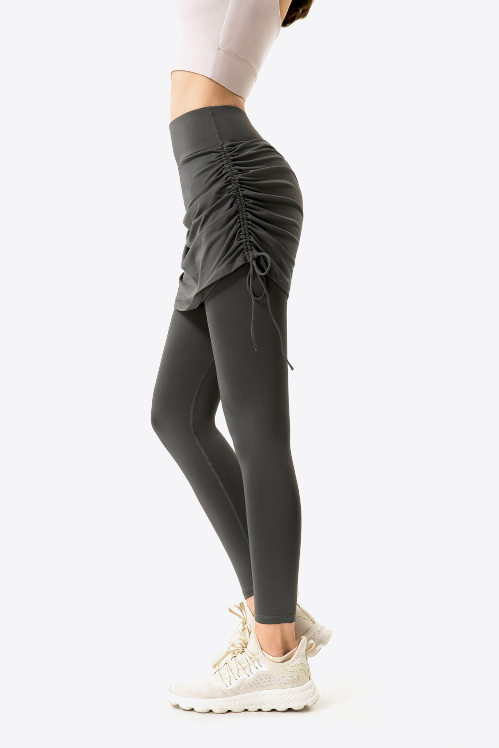 Drawstring Ruched Faux Layered Yoga Leggings - T - 7 COLORS -