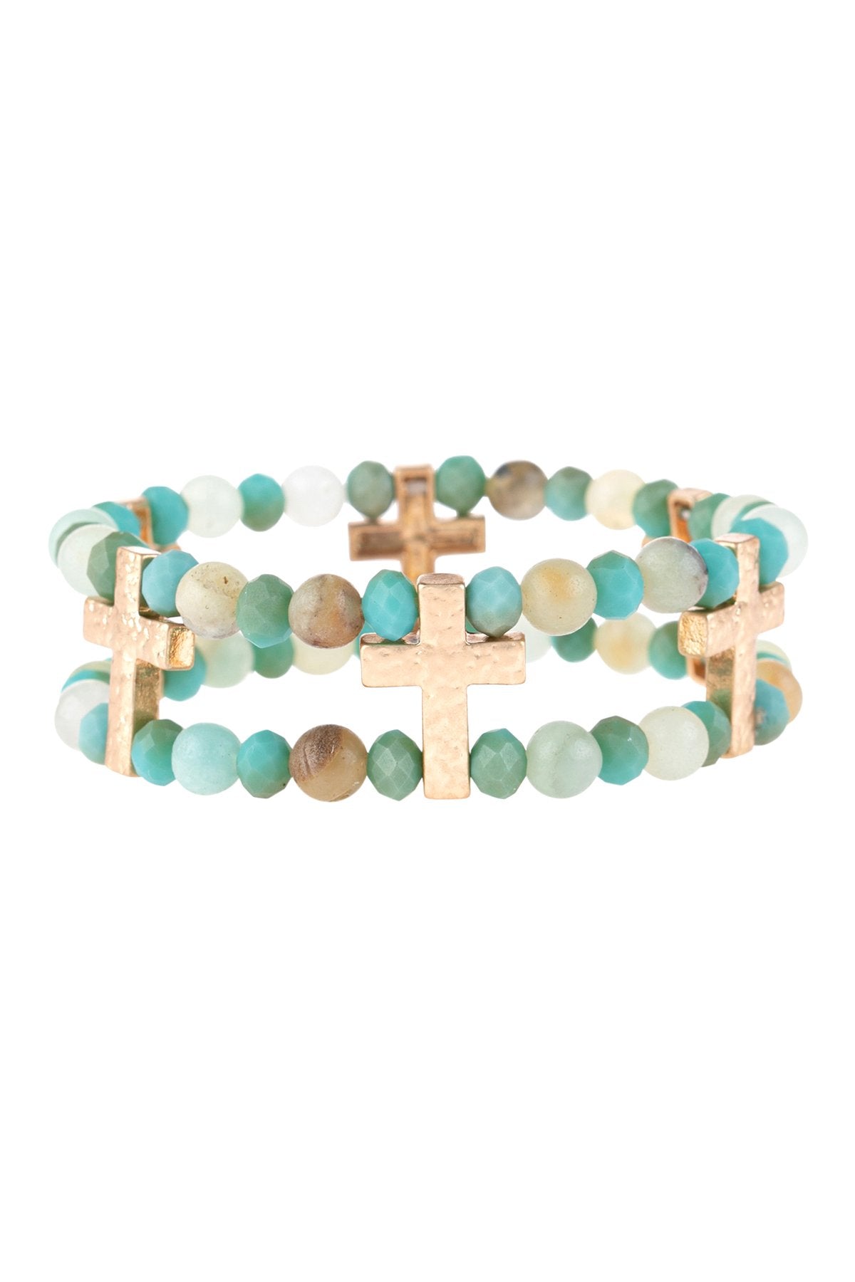 Riah Fashion - Cross Charm Two Line Beaded Bracelet - 4 COLORS -