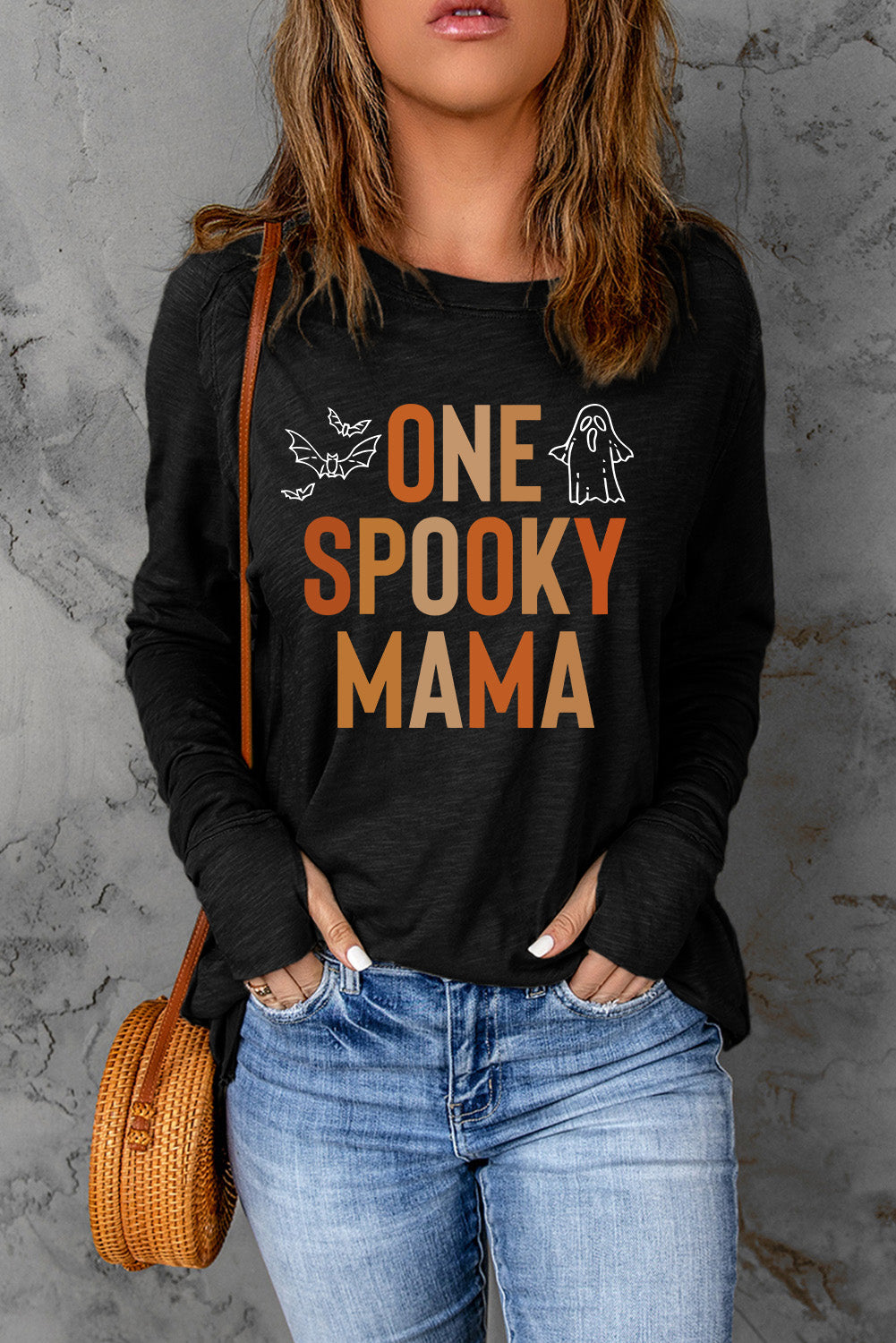 Round Neck Long Sleeve - ONE SPOOKY MAMA - Graphic T-Shirt - T - 1 COLOR -