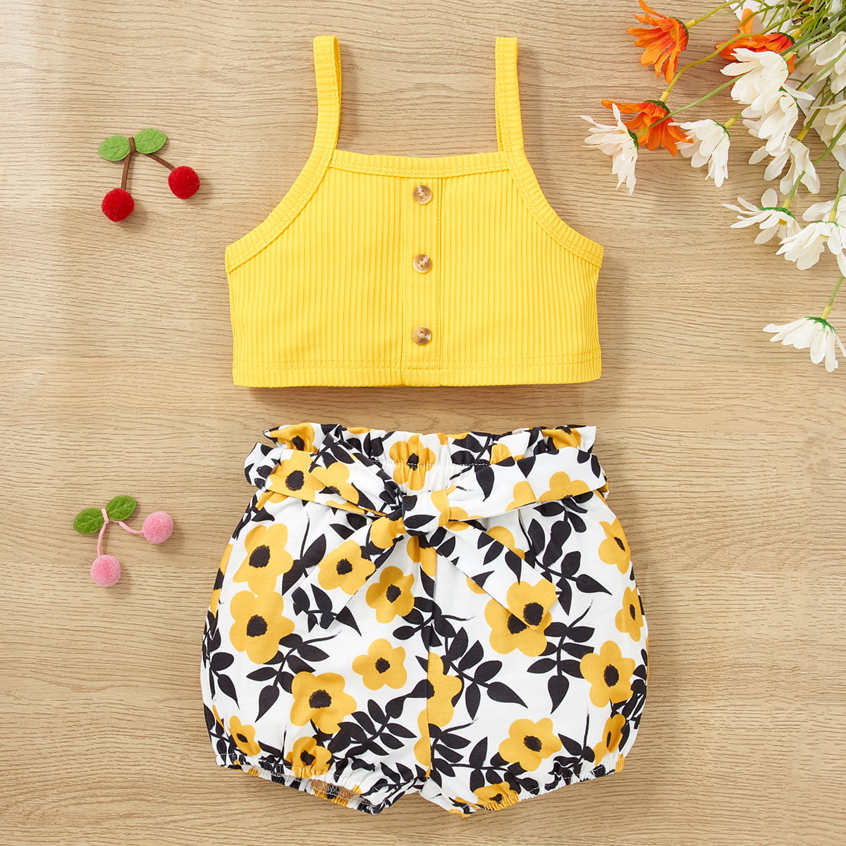 Decorative Button Tank and Floral Shorts Set - 2 PCS. - T - 2 COLORS -